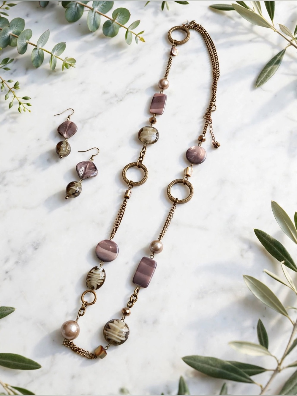 Boho Bronze Statement Beaded Necklace + Earrings Set